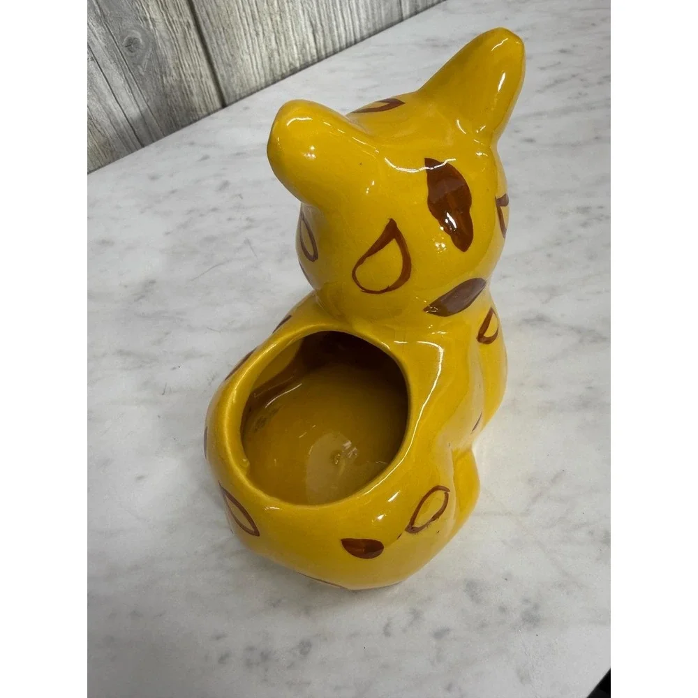 Vintage Yellow Ceramic Leopard Cub Planter Hand Painted Spotted Kitten Figurine